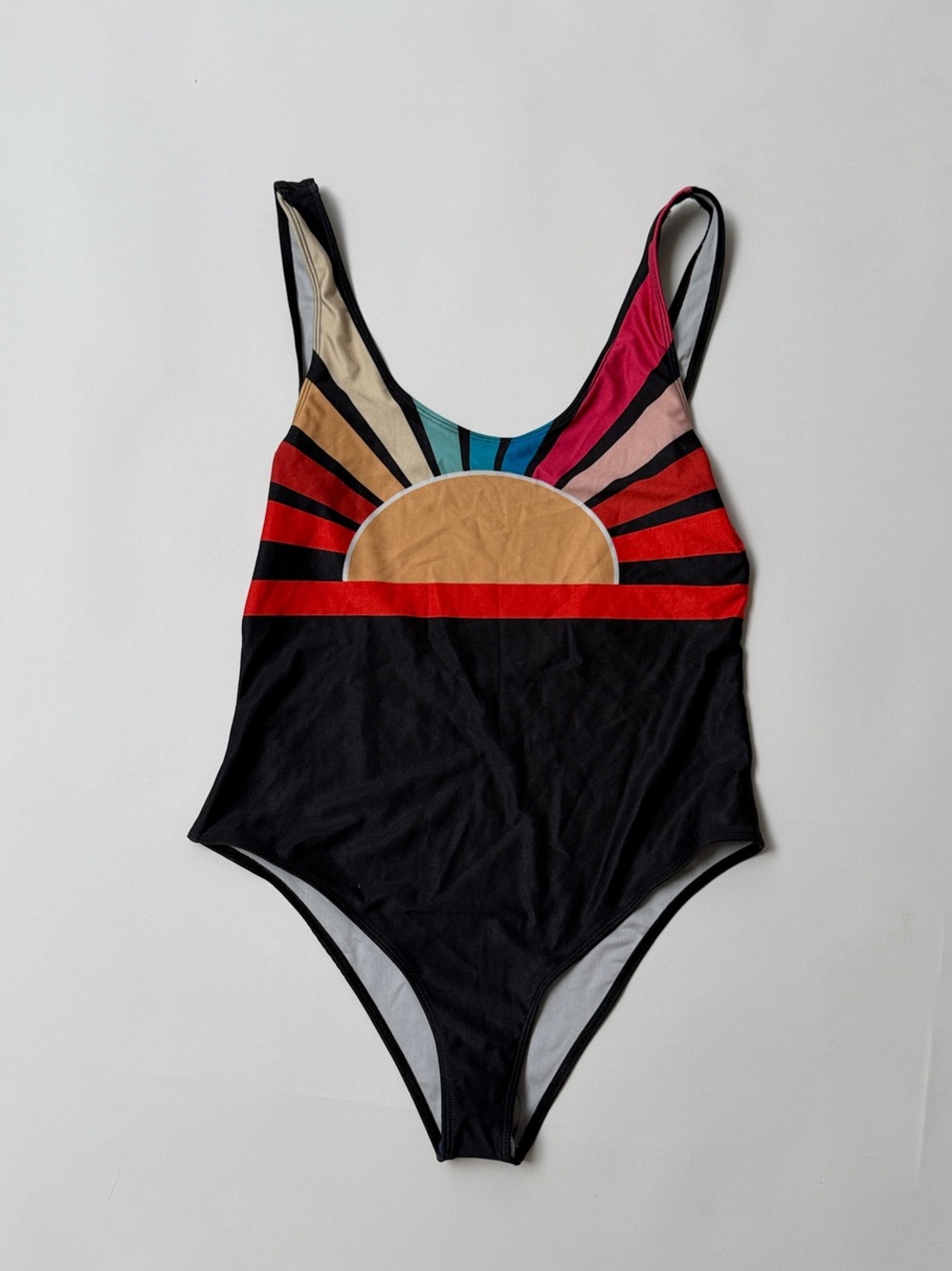 Goldsheep retro Black One-Piece Swimsuit with Multicolor Sunburst